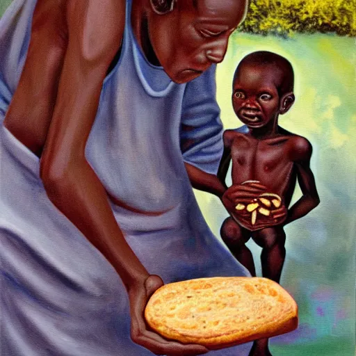 Prompt: oil painting of a malnourished ugandan boy sharing bread with a blond well fed child american, by kelly freas