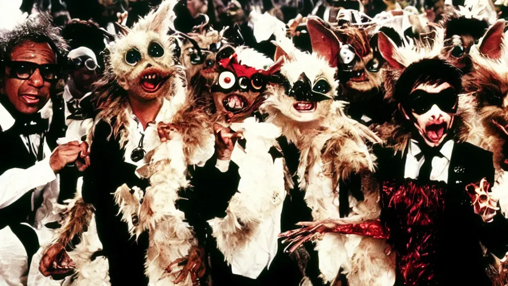 Image similar to Gremlins disguised as soundcloud rappers and heath food influencers orchestrate black swan event stock market crypto crash, film still from Gremlins 3 directed by Joe Dante, Nathan Fielder and Groucho Marx