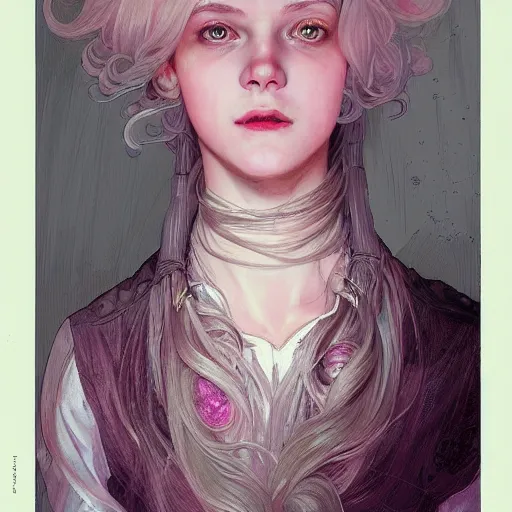 Image similar to portrait of a scottish teenage girl with pinkish grayblonde hair, glowing skin, awkward, nerdy, fantasy, intricate, elegant, dress shirt, highly detailed, digital painting, artstation, concept art, smooth, sharp focus, illustration, art by Krenz Cushart and Artem Demura and alphonse mucha