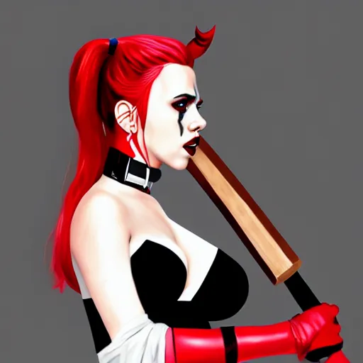 Prompt: Scarlett Johansson as Harley Quinn, holding bat, digital, artstation