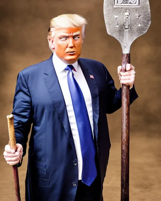 Prompt: a photo of donald trump dressed as a medieval knight. he's holding a giant axe. medium shot portrait. dslr photography