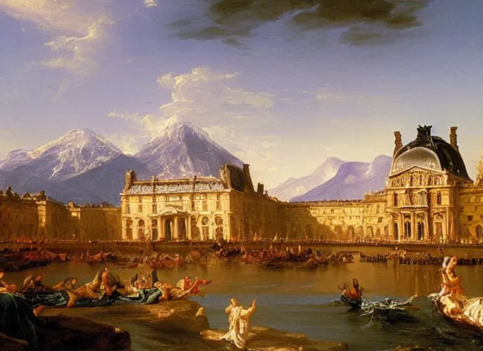 Prompt: painting of the louvre museum in front of beautiful mountains by thomas cole