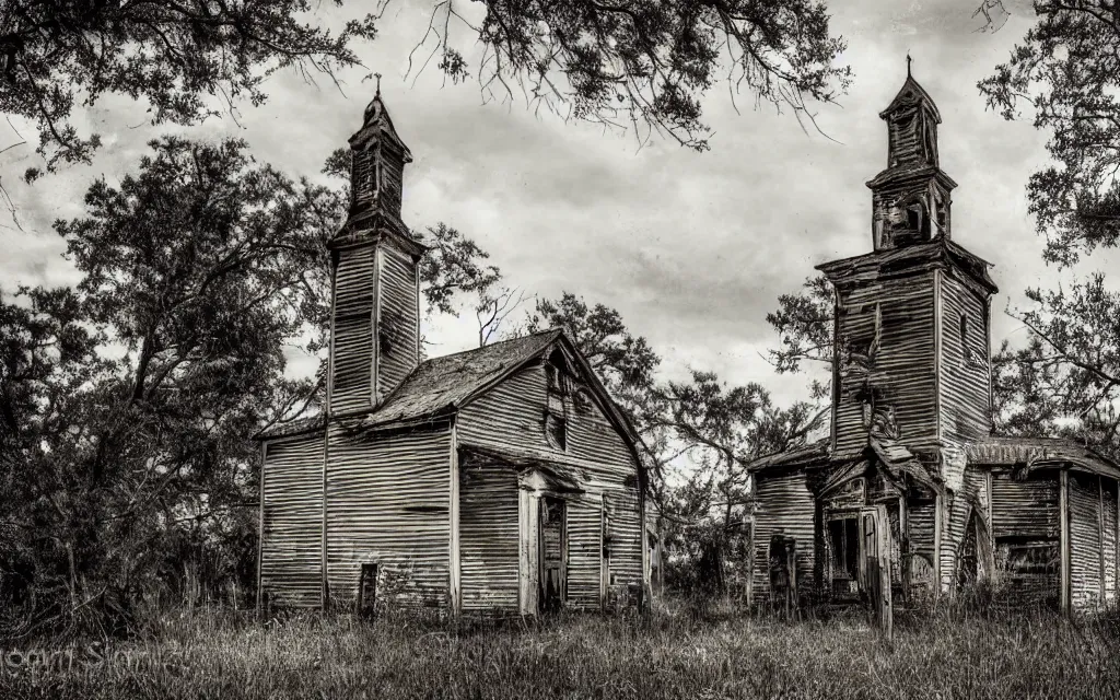 Prompt: an old wooden church rotting away in the bayou, realistic, old photograph, dynamic composition, creepy