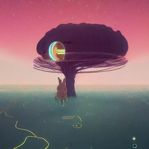 Image similar to A rabbit full of hope, looking for a black hole in an infinite time loop by Victo Ngai and Ghibli andlisk feng and atey ghailan