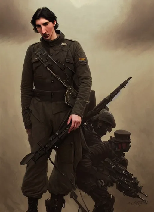 Image similar to painting of both john oliver and adam driver together, john oliver in front, full body, military uniform, fantasy, elegant, beautiful, highly detailed, centered, dark, smokey, digital painting, concept art, smooth, sharp focus, illustration, deviant art, art by artgerm, art by greg rutkowski, art by alphonse mucha