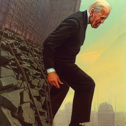 Prompt: immense, majestic, surreal, terrifying joe biden crushing buildings under his heel, perfectly clear face, by j. c. leyendecker and beksinski