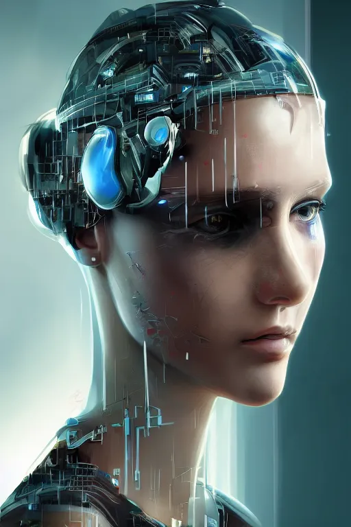 Image similar to a close - up portrait of a cyberpunk cyborg girl, by jan van eijck, rule of thirds