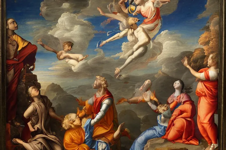 Prompt: robot as a god on the clouds touching is touch a human, classical religious painting