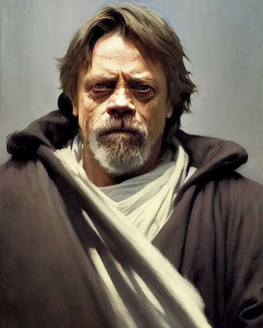 Prompt: mark hamill as a grizzled emanciated drunk jedi knight. fantasy science fiction art by greg rutkowski, gustave courbet, rosa bonheur, edward hopper. faithfully depicted facial expression, perfect anatomy, sharp focus, global illumination, radiant light, detailed and intricate environment, trending on artstation