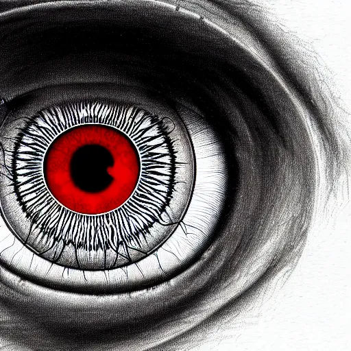 Image similar to a detailed extremely close up of inside the iris, cornea, red image, microscopic, extremely close up drawing by junji ito, cgsociety, generative art, lovecraftian, parallax, cosmic horror, extremely detailed, hyperrealism, unreal engine, octane render, award winning, masterpiece, highly detailed, realistic, 4 k, digital