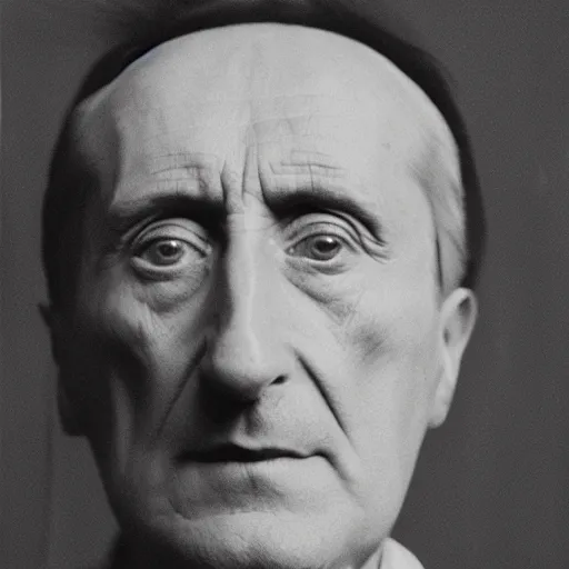 Prompt: a minimalist portrait of Marcel Duchamp in the style of Man Ray and Pieter Hugo, wide angle, monochrome and chromatic aberrations