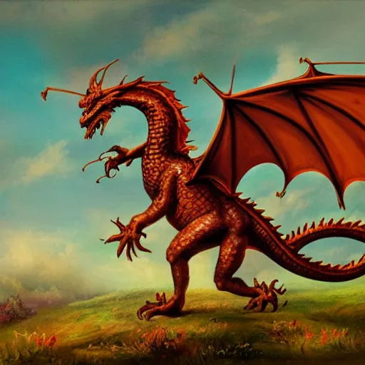 Prompt: Dragon in English meadow, Rococo, illustration, oil painting