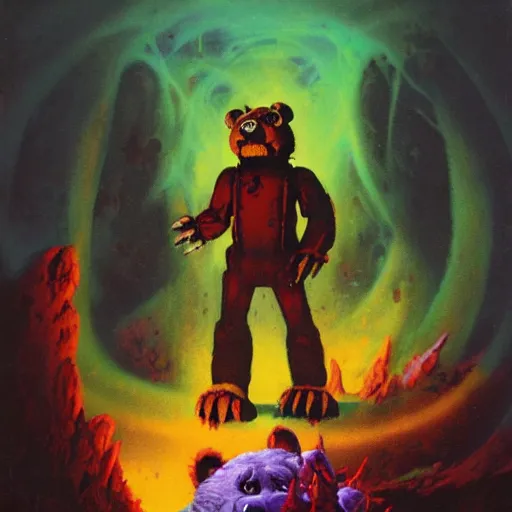 Image similar to freddy fazbear in hell by paul lehr and moebius