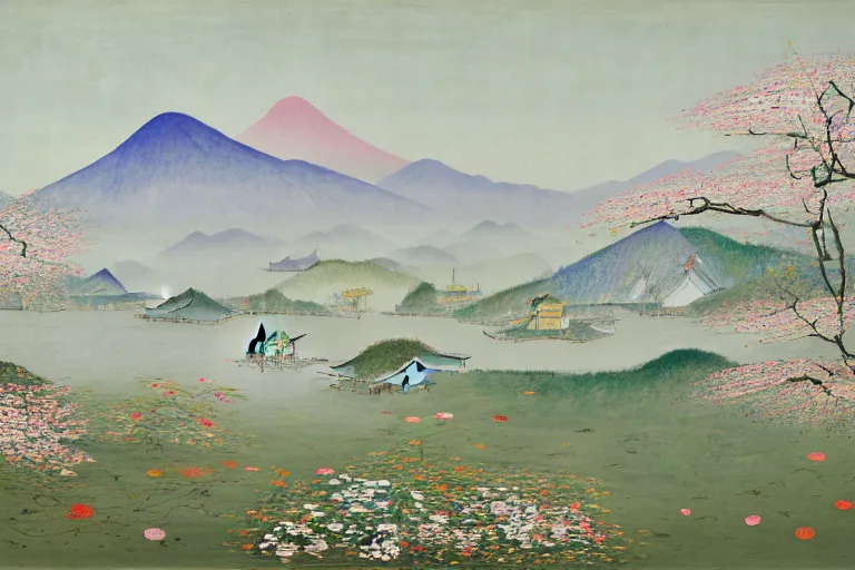 Image similar to an ultradetailed landscape painting of westlake in china hangzhou, pagodas on hills, may flowers blossoms nearby, fine wind, chinese water color, smooth, sharp focus, illustration, by hilma af klint, 8 k