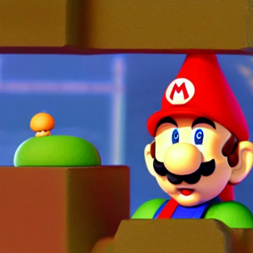 Prompt: claymation mario in a gnome costume, nintendo, mushrooms