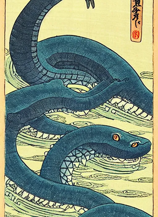 Image similar to the loch ness monster, plesiosaur, as a yokai illustrated by kawanabe kyosai and toriyama sekien