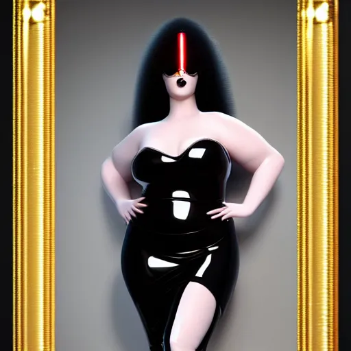 Image similar to a curvy feminine pale goth cutie wearing an elegant elaborate tight latex-nylon-leather sequined tube gown with red highlights, thin-waist, cgsociety, photorealistic, sublime-comforting ambience, 16k, smooth, sharp focus, trending on ArtStation, volumetric lighting, fully clothed, worksafe