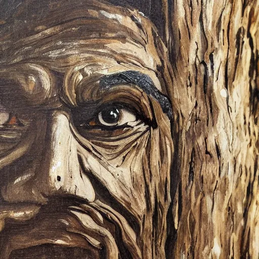 Image similar to A painting of an oak tree, with the face of an old bearded man, close up portrait of a human face made out of bark in a tree