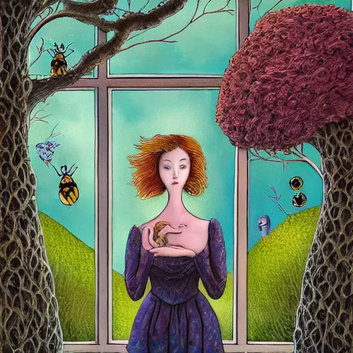 Image similar to a portrait of a woman standing infront of a window, she is happy and has lovely hair and eyes, a man is standing behind her with a look of suprise in his face, 🪴🌳🐝, 8 k, lowbrow, in the style of daniel merriam and alexander jansson,