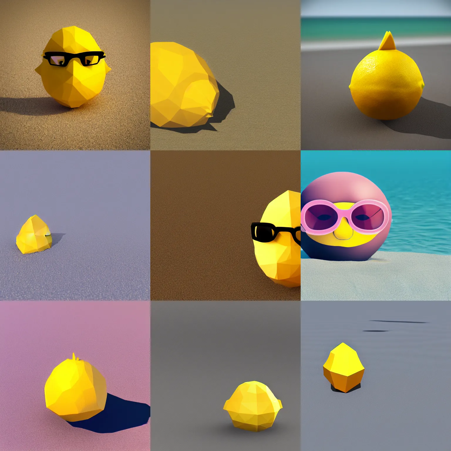 Prompt: low polygon render of a lemon wearing glasses on the beach