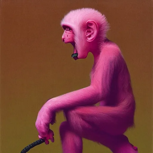 Image similar to monk fight monkey with pink gloves, retro 5 0 s style, art by beksinski and stalenhag