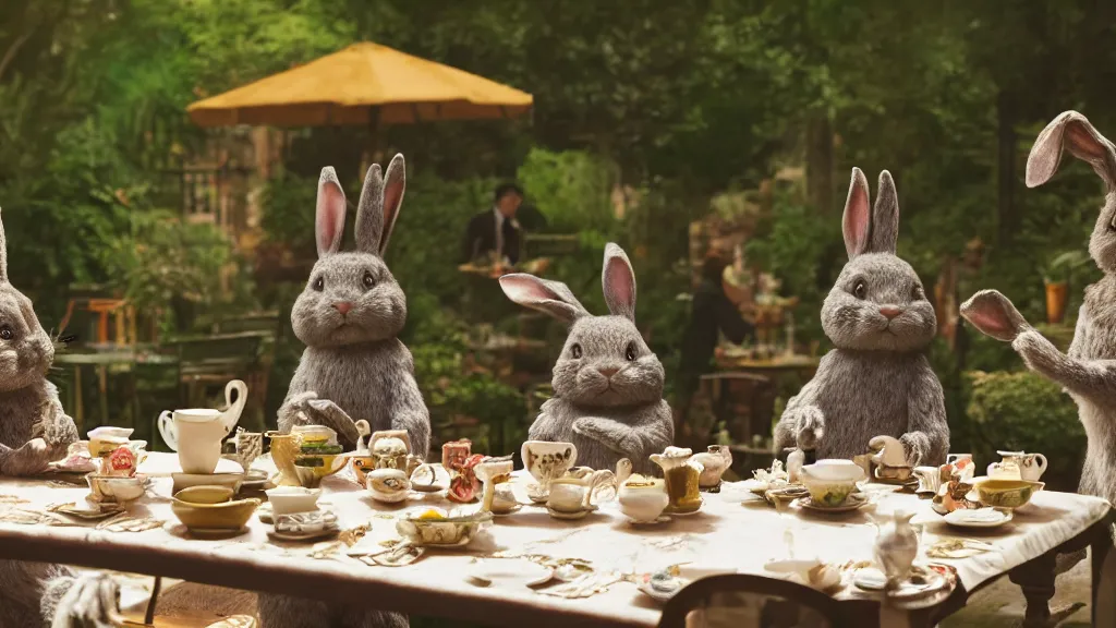 Prompt: film still from the movie chappie outdoor park plants garden scene bokeh depth of field several figures sitting down at a table having a delicious grand victorian tea party crumpets furry anthro anthropomorphic stylized rabbit bunny