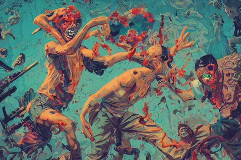 Image similar to zombies having a fight, tristan eaton, victo ngai, artgerm, rhads, ross draws