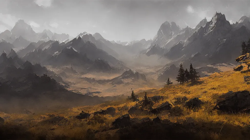 Prompt: panorama view of mountains, papyrus, watercolored, jakub rozalski, dark colours, dieselpunk, artstation