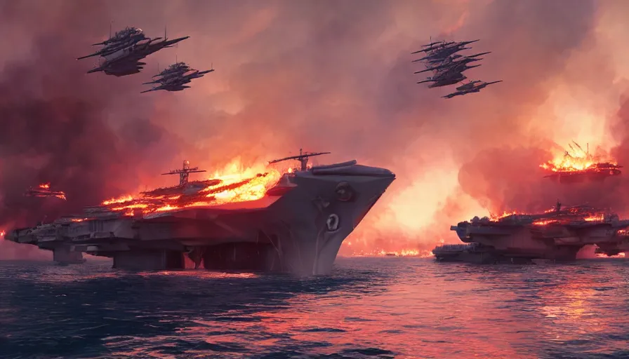 Image similar to burning sinking aircraft carrier with little boats trying to put out the fire at sunset, hyperdetailed, artstation, cgsociety, 8 k