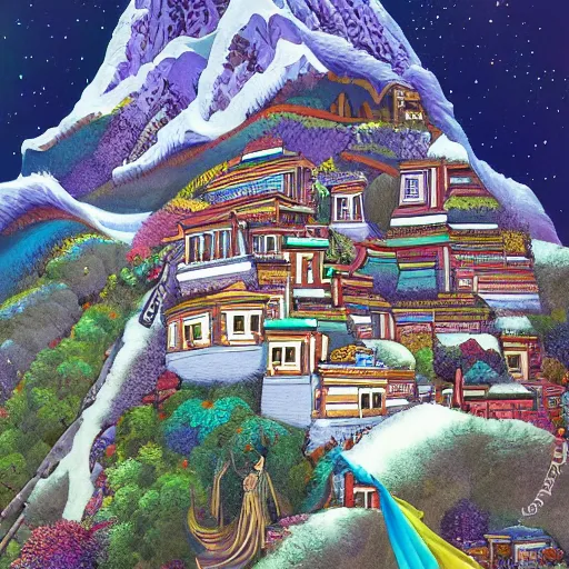 Image similar to omar shanti himalaya tibet, acrilic paint, digital, artstation, detailed intricate ink illustration, heavenly atmosphere, digital art, overdetailed art, concept art, complementing colors, trending on artstation, cgstudio, the most beautiful image ever created, dramatic, subtle, details, award winning artwork, beautiful scenery