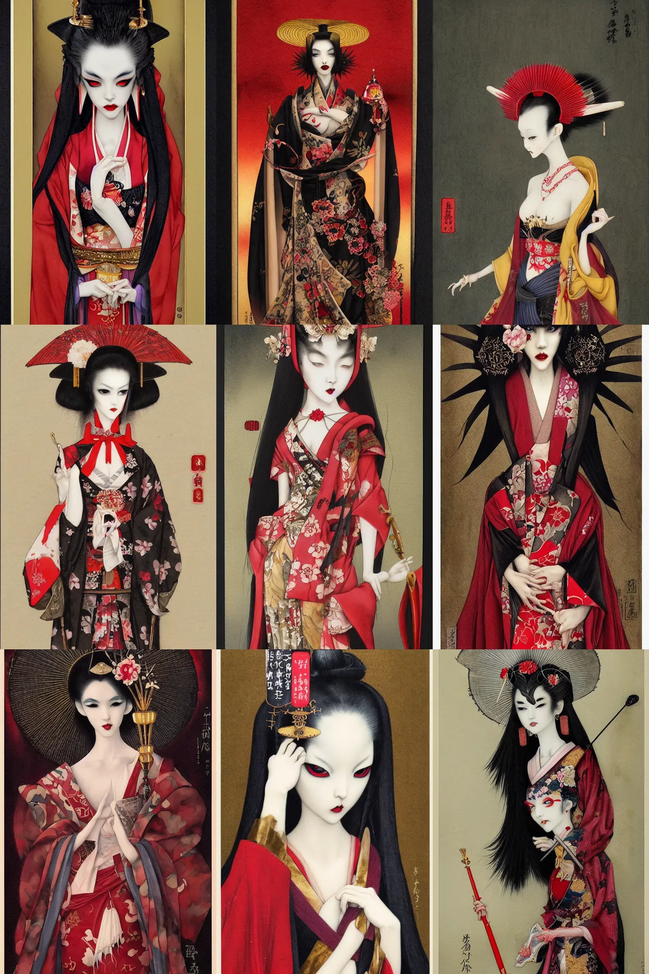 Prompt: watercolor painting of a japanese bjd geisha vampire with a long neck by tom bagshaw, ayami kojima, mark ryden in the style of thoth tarot card, dark - fantasy, showa era, red, gold black
