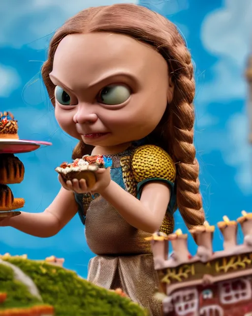 Prompt: highly detailed closeup, face profile portrait of a tin toy greta thunberg as a medieval goblin eating cakes in a castle, bikini, depth of field, nicoletta ceccoli, mark ryden, lostfish, dan decarlo, bob clampett, max fleischer, detailed and intricate environment, 8 k resolution, hyperrealistic, octane render