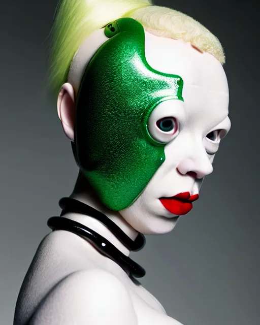 Image similar to symmetrical portrait of an albino woman cyborg wearing a silicone swarovski studded red beauty mask and green hair buns, wearing a black bodysuit armour by alexander mcqueen, cream white background, soft diffused light, biotechnology, humanoid robot, bjork aesthetic, translucent, by rineke dijkstra, intricate details, highly detailed, masterpiece,