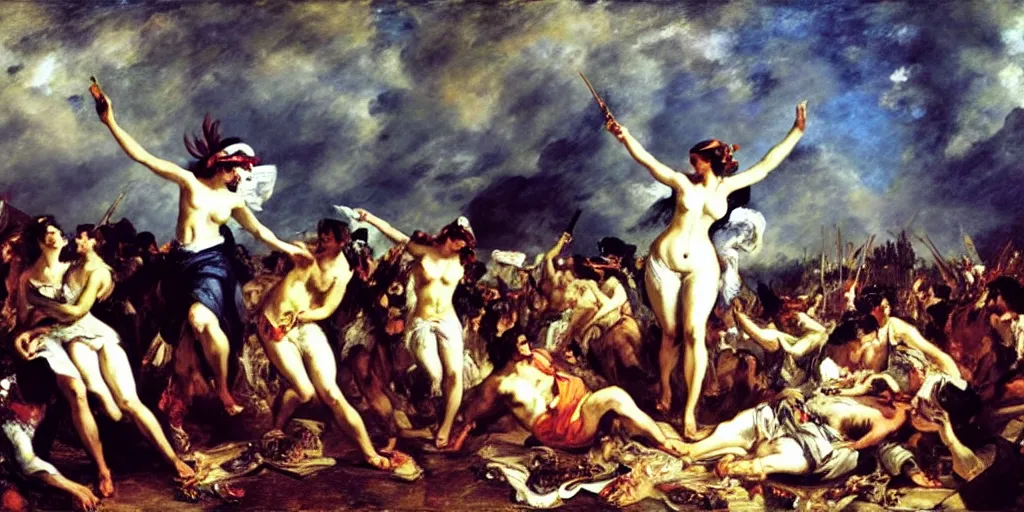 Image similar to eugene delacroix's Liberty Leading The People with rave, music festival and night clubbing characters