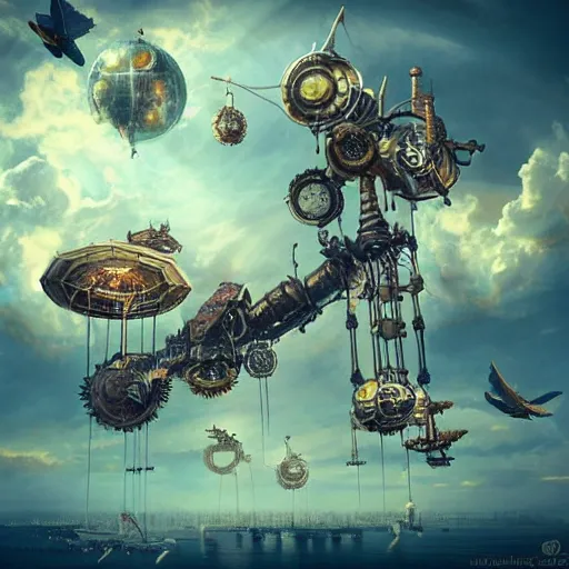 Prompt: flying city in a mechanical flower, sky, steampunk!!!, fantasy art, steampunk, masterpiece, octane, jared wulfe