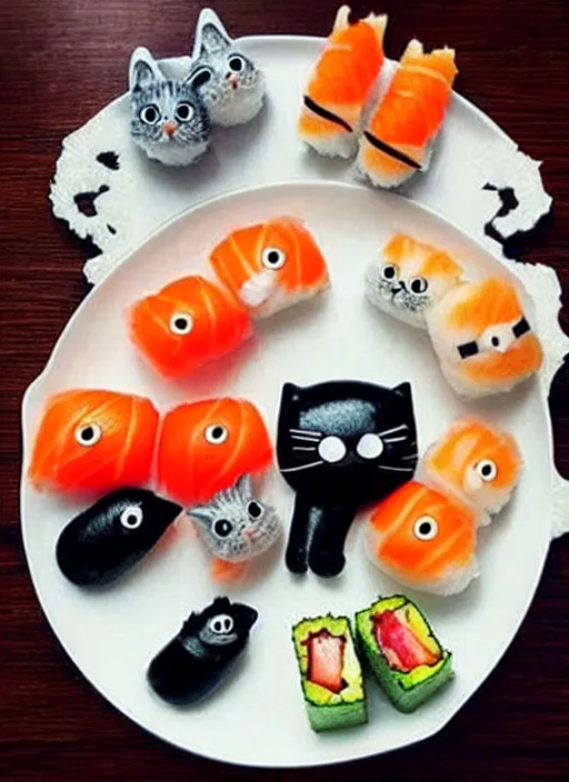 Image similar to clear photorealistic picture of adorable cats made out of sushi