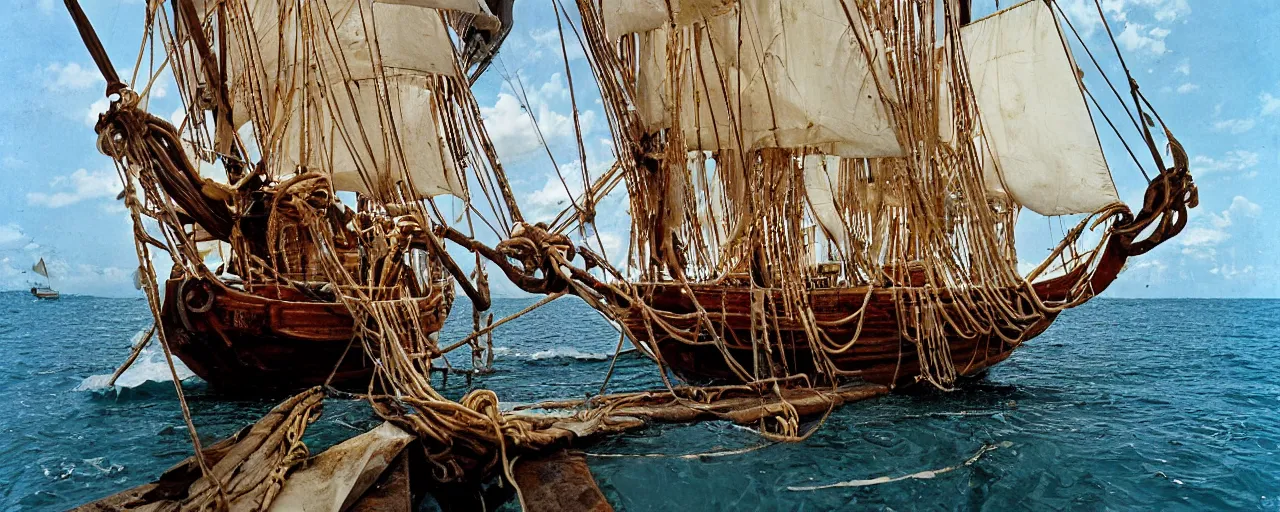 Prompt: pirate ship with spaghetti treasure, aboard a sailboat, caribbean, in the style of galen rowell, 1 7 0 0 s, canon 2 0 mm, kodachrome