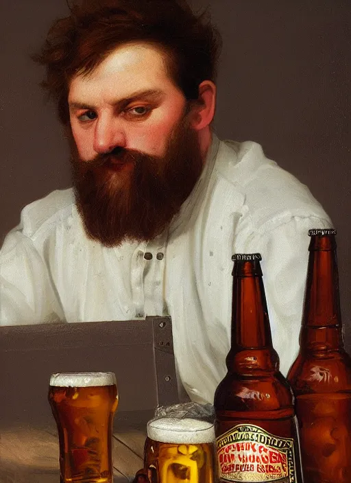 Prompt: large computer table octoberfest invite card, man with his computer, angry, beer bottles, drunk, photoshoot, 4 k, hyper realistic, natural, highly detailed, digital illustration, trending in artstation, classical painting, smooth, sharp focus art by ilya repin