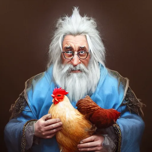 Image similar to a portrait of a wizard with his pet chicken by Tony Sart, confused facial expression, blue robe, long white beard, frizzy hair, ArtStation, realistic, detailed