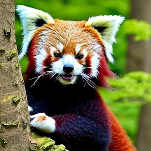 Prompt: photo of humanised red panda armored with golden helmet in the forest