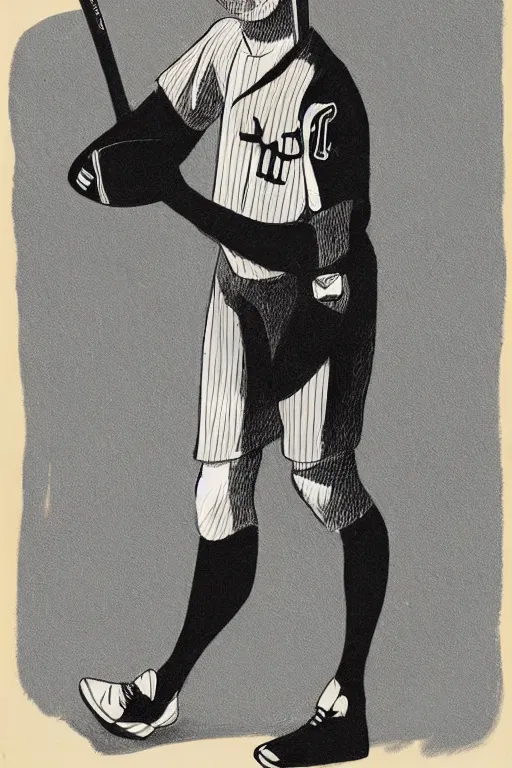 Prompt: full body drawing of a stoic white baseball player with a black baseball cap and a black bat and a striped jersey, white background, black and white, 2D drawing