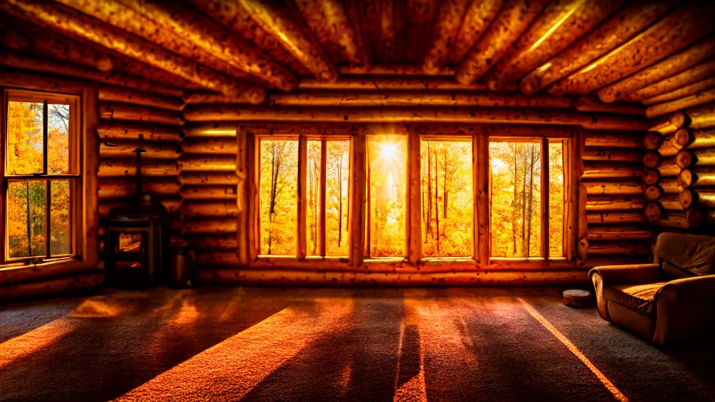 Image similar to inside an old log cabin, the autumn light comes in through a window and dimly illuminates the room, softened diffuse light, photorealism, photo taken with canon EOS 5D and 35 mm lens