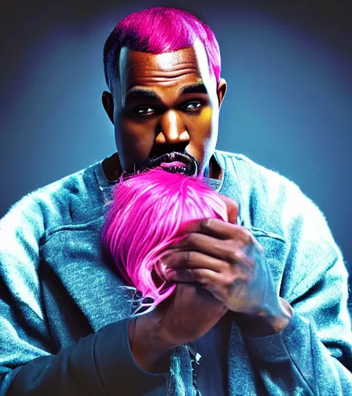 Image similar to a photo of kayne west with ( ( pink hair ) ), studio photo, dynamic lighting, hdr, award winning photography, stunning scenery