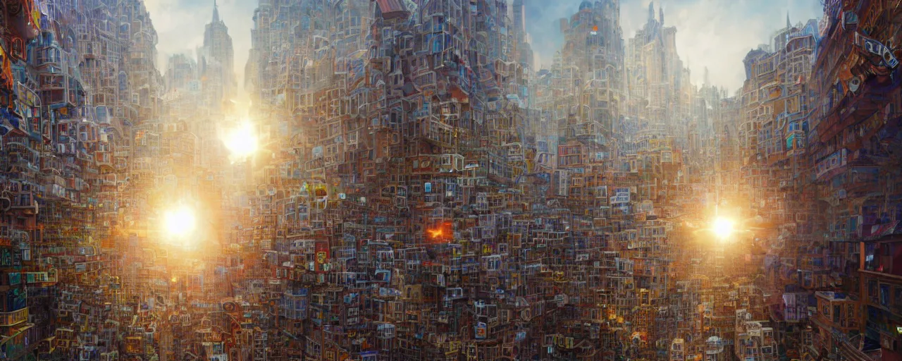 Image similar to a city made entirely out of Rubik\'s cubes, daylight, sunlight, lens flare, highly detailed, digital painting, artstation, concept art, smooth, sharp focus, 8k, photorealistic, 25mm f/1.7 ASPH Lens, ultra realistic steampunk illustration, art by greg rutkowski and alphonse mucha