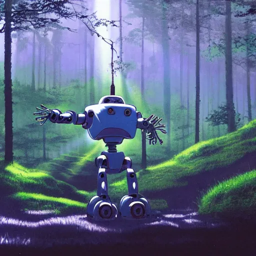 Image similar to a robot covered in moss lying in a forest, shafts of light god rays, painting by hayao miyazaki studio ghibli