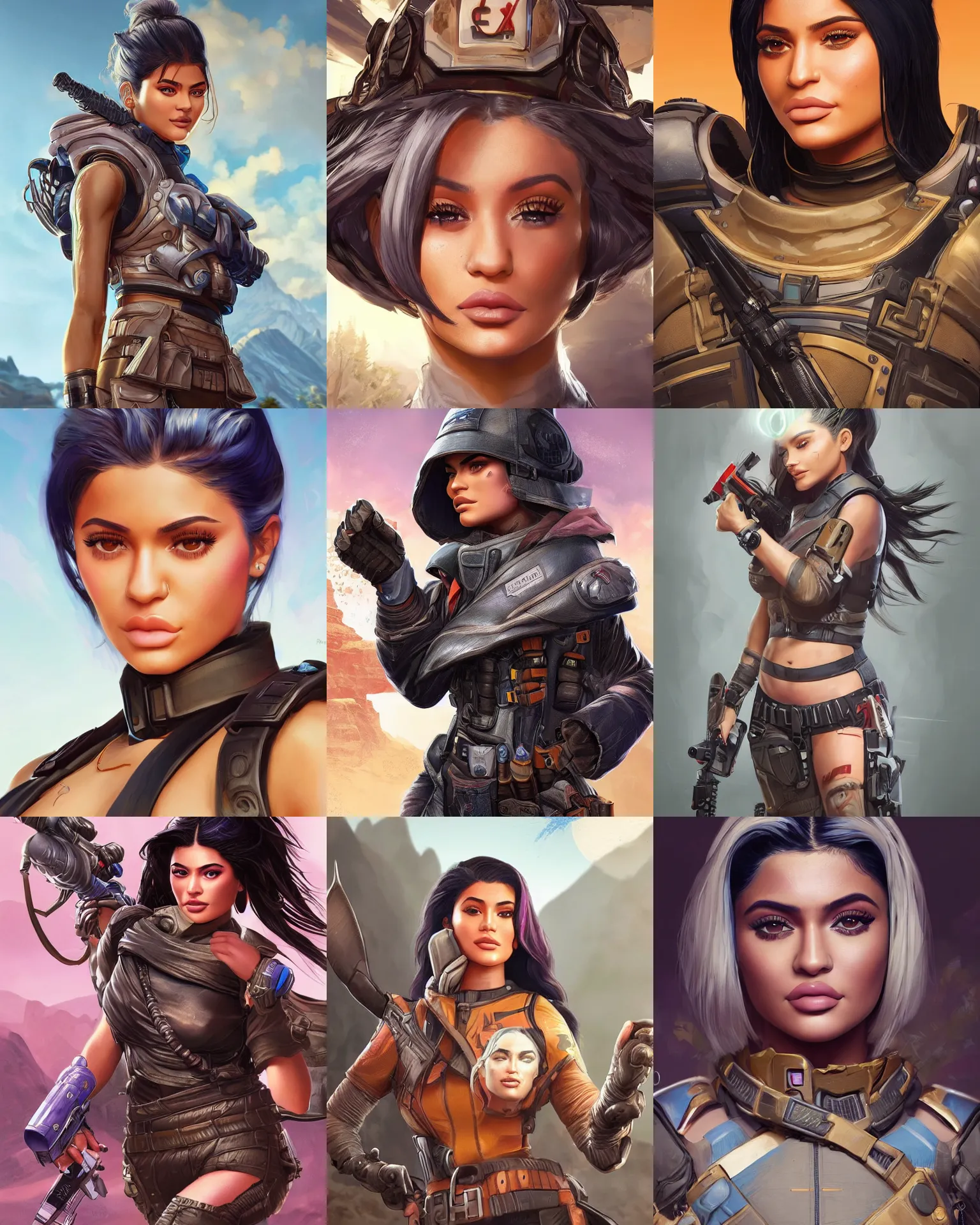 Prompt: Kylie Jenner as an Apex Legends character digital illustration portrait design by, Mark Brooks and Brad Kunkle detailed, gorgeous lighting, wide angle action dynamic portrait