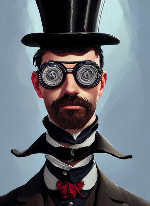 Image similar to highly detailed portrait of jack the ripper wearing goggles and a top hat, stephen bliss, unreal engine, greg rutkowski, loish, rhads, beeple, makoto shinkai and lois van baarle, ilya kuvshinov, rossdraws, tom bagshaw, tom whalen, alphonse mucha, global illumination, god rays, detailed and intricate environment