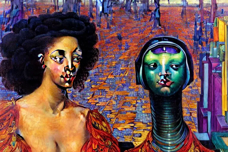 Image similar to realistic extremely detailed closeup portrait painting of a beautiful black woman in a dress with supercomputer robot, city street on background by Jean Delville, Amano, Yves Tanguy, Ilya Repin, Alphonse Mucha, William Holman Hunt, Ernst Haeckel, Edward Robert Hughes, Roger Dean, rich moody colours