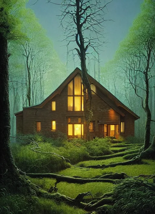 Image similar to hyper realistic witchy modern house with mood lighting and tech in the woods gorgeous lighting, blue sky, highly detailed, lush forest foliage painting by zdzisław beksinski and norman rockwell and greg rutkowski weta studio, and lucasfilm