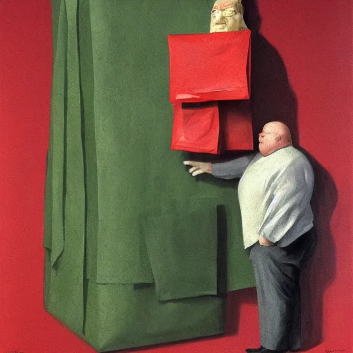 Prompt: melting old fat man portrait with a white paper bag over the head, dressed in red paper bags, holding stack of green paper bags, highly detailed, artstation, art by edward hopper, zdislav beksinski, wayne barlowe, edward hopper